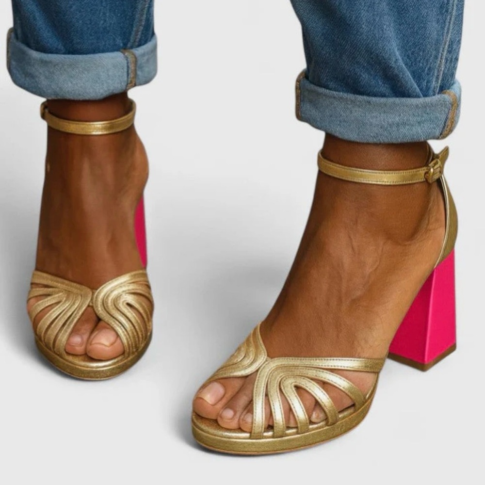 Gold Ankle-Strap Block Heel Sandals with Pink Heel